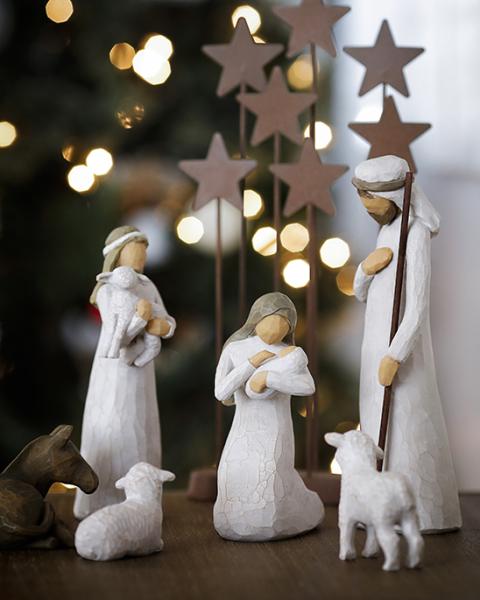 The birth of Christ has been depicted in Nativity scenes for nearly 800 years. These figurines were designed by U.S. artist Susan Lordi of Willow Tree sculptures. (CNS/Nancy Wiechec)