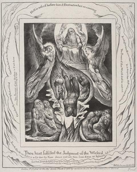 Plate 16 from "Illustrations of the Book of Job," printed 1825, William Blake (British, 1757-1827), engraving (Courtesy of Getty Museum)