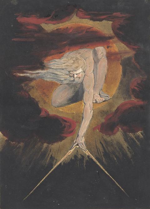 “The Ancient of Days,” from "Europe a Prophecy," printed 1795, William Blake (British, 1757–1827), color-printed relief etching in dark brown with pen and black ink, oil, and watercolor (Courtesy of Getty Museum)