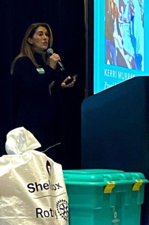 Kerri Murray, president of ShelterBox USA since 2015, addresses a Las Vegas ballroom of ambassadors during an annual appreciation gathering on Dec. 2. (Tom Hoffarth)
