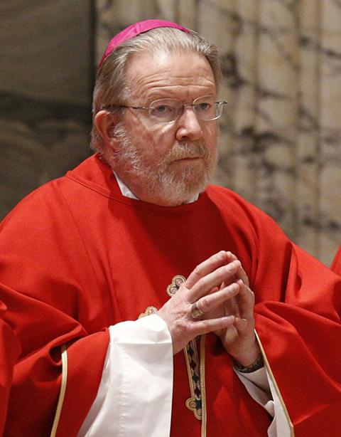 Bishop Liam Cary of Baker, Oregon, prays during Mass at the Basilica of St. Paul Outside the Walls in Rome Feb. 7, 2020. (CNS/Paul Haring)