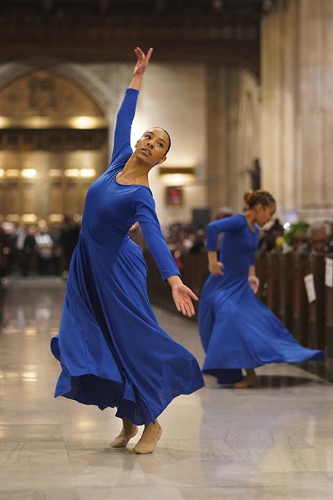 Women perform a liturgical dance during the New York Archdiocese's annual Black History Month Mass at St. Patrick's Cathedral in New York City Feb. 4. (OSV News/Gregory A. Shemitz)