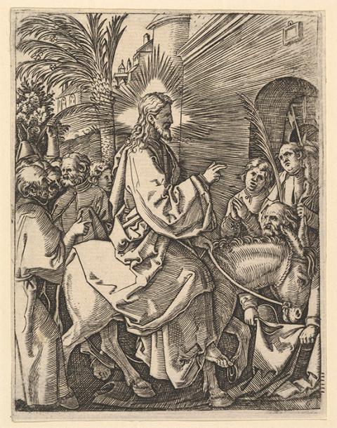 "The Entry into Jerusalem; Christ riding on a donkey towards an arched city gate; an elderly man spreads out his cloak on the road," from "The Passion of Christ", after Dürer, circa 1500-34 by Marcantonio Raimondi (Metropolitan Museum of Art)