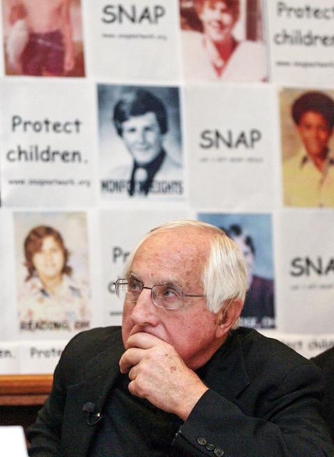 Detroit Auxiliary Bishop Thomas Gumbleton looks on during a Jan. 11, 2006, press conference in Columbus, Ohio, at which he revealed that he was sexually abused by a priest when he was a teenager and spoke in favor of reforms to state child molestation laws. (CNS/Reuters/Matt Sullivan)