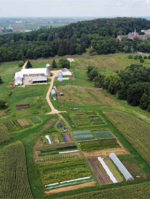 Aerial view of Sinsinawa Mound Collaborative Farm, which has 4 acres of certified organic land, as well as equipment and facilities, available for rent to beginning farmers. 
