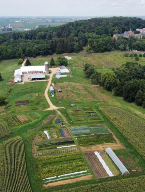 Aerial view of Sinsinawa Mound Collaborative Farm, which has 4 acres of certified organic land, as well as equipment and facilities, available for rent to beginning farmers.