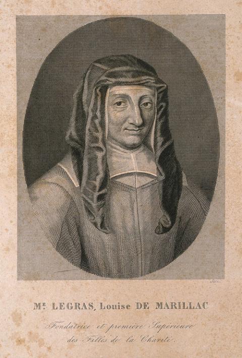 Louise de Marillac Le Gras. A yellow-toned line engraving portrait of Louise de Marillac Le Gras.