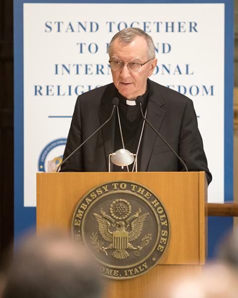 Cardinal Pietro Parolin speaks at a symposium on religious freedom hosted by the U.S. Embassy to the Holy See in Rome April 3, 2019. (CNS/U.S. Embassy to the Holy See/A.J. Olnes)