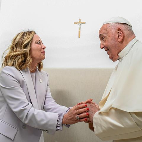 Pope Francis speaks with Italian Prime Minister Giorgia Meloni at the Group of Seven summit in Borgo Egnazia, Italy, June 14, 2024. (CNS/Vatican Media)