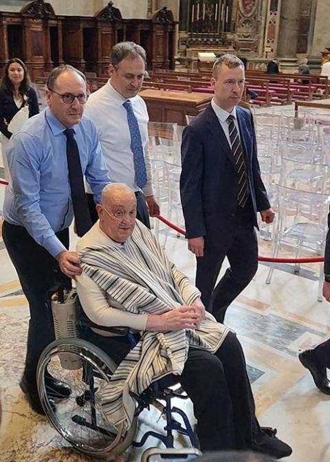 Pope Francis makes a surprise visit to St. Peter's Basilica at the Vatican to pray April 10, 2025. (OSV News/Luiz Gil, Handout via Reuters)