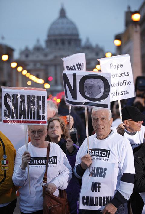 Victims of clergy sexual abuse and their supporters demonstrate in Rome Oct. 31, 2010. (CNS/Paul Haring)
