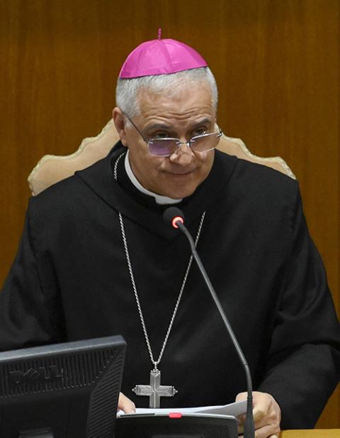 Benedictine Abbot Donato Ogliari offers a spiritual meditation April 29, 2025, in the Vatican synod hall to cardinals attending the general congregation before the conclave begins. (CNS/Vatican Media)
