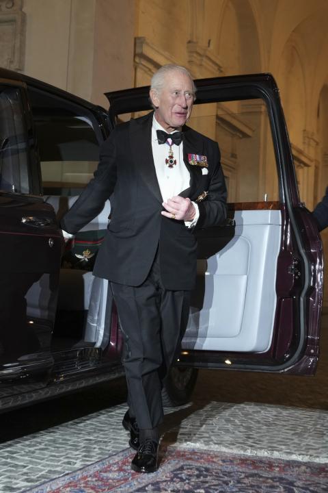 Britain's King Charles III arrives for an official dinner with Italy's President Sergio Mattarella at the Quirinale Presidential Palace in Rome, Wednesday, April 9, 2025. (AP Photo/Andrew Medichini)