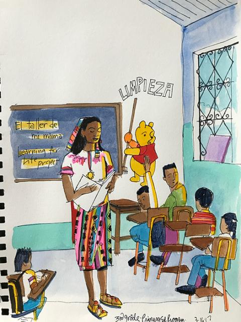 In Guatemala City, Br. Mickey McGrath sketched in a third-grade classroom while the teacher read a story of a female car mechanic whose dream was to one day open her own shop. (Mickey McGrath)