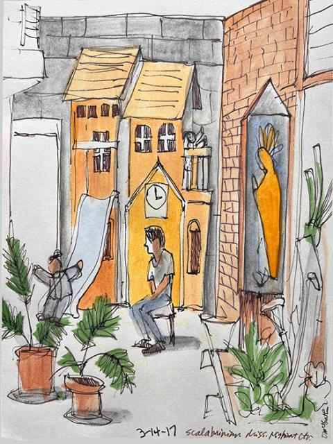 In Guatemala City Br. Mickey McGrath sketched migrant families who received food, shelter, legal assistance and job counseling at the Scalabrini welcome center. (Mickey McGrath)