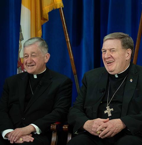 Cardinals Blase Cupich of Chicago and Joseph Tobin of Newark, New Jersey, laugh during a news conference at the Pontifical North American College in Rome May 9, 2025. (CNS/Kendall McLaren)