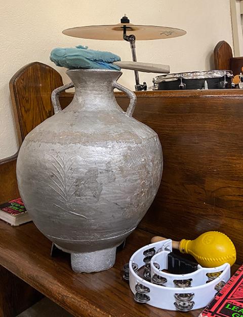 Some instruments used at St. Clement Pope Church, including the udu, an implosive aerophone originating in Igbo traditional music and a staple in Nigerian Catholic churches (Michael Aromolaran)