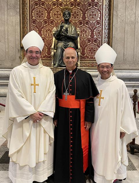 San Diego Auxiliary Bishops Felipe Pulido (left) and Michael Pham (right) with then-Cardinal Robert Prevost, the future Pope Leo XIV, at the Vatican in September 2024 (Courtesy of Felipe Pulido)