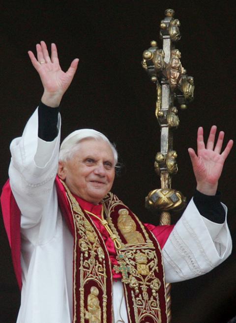 Pope Benedict XVI greets the world from St. Peter's Basilica after his election April 29, 2005. (CNS/Reuters)