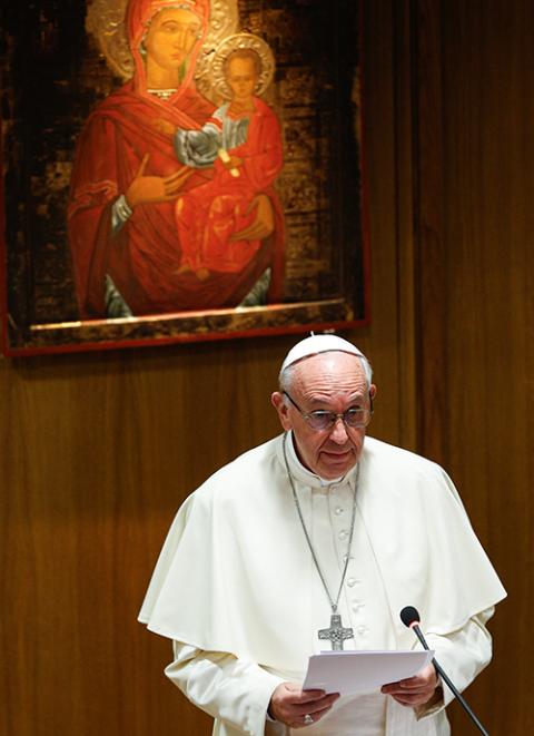 Pope Francis addresses participants at an encounter marking the 25th anniversary of the Catechism of the Catholic Church at the Vatican Oct. 11, 2017. The death penalty is "contrary to the Gospel," he said in his speech. (CNS/Paul Haring)
