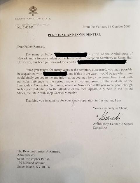 A letter dated Oct. 11, 2006, from Archbishop Leonardo Sandri at the Vatican to Fr. Boniface Ramsey references a November 2000 letter Ramsey had written to the Vatican nuncio to the United States, warning about sexual abuse committed by Archbishop Theodore McCarrick. (CNS/Courtesy of Boniface Ramsey)