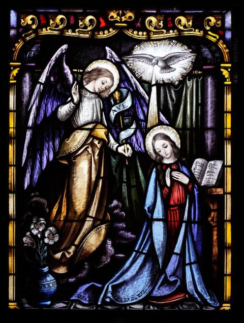 The appearance of the angel Gabriel to Mary proclaiming that she is to be the mother of Jesus is depicted in a stained-glass window at St. Therese of Lisieux Church in Montauk, N.Y. (OSV News/Gregory A. Shemitz) The appearance of the angel Gabriel to Mary proclaiming that she is to be the mother of Jesus is depicted in a stained-glass window at St. Therese of Lisieux Church in Montauk, N.Y. (OSV News/Gregory A. Shemitz)
