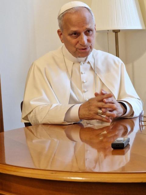 Pope Leo XIV answers a question Pope Leo XIV answers a question from Elise Allen, senior correspondent at Crux, during an interview at the pope's residence inside the Vatican's Palazzo Sant'Uffizio July 30, 2025. (CNS photo/courtesy Crux)