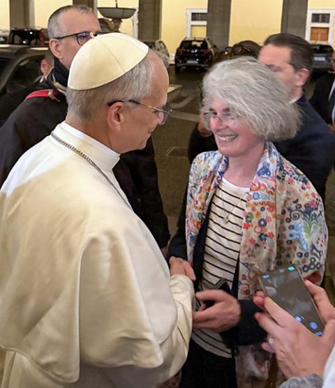 Xavière Sr. Nathalie Becquart, undersecretary of the Synod of Bishops, greets the newly elected Pope Leo XIV in Vatican City, May 8, 2025. (OSV News/Courtesy of Nathalie Becquart)