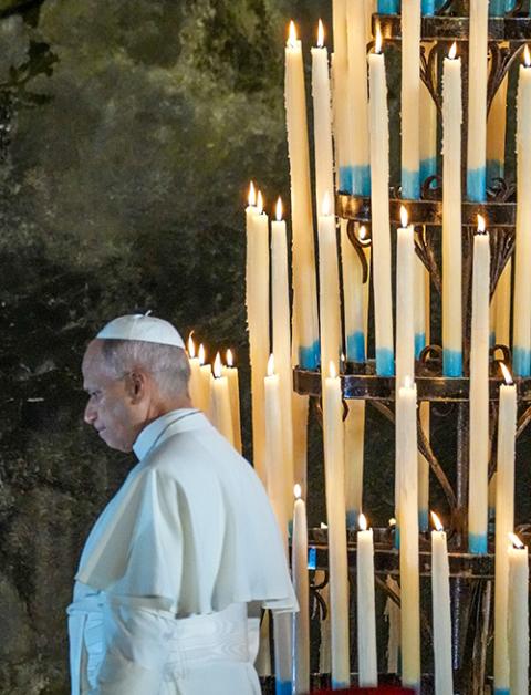 Pope Leo XIV visits the Grotto of the Apparitions at Massabielle at the Shrine of Our Lady of Lourdes in Lourdes, France, Sept. 26, 2026. (CNS/Lola Gomez)