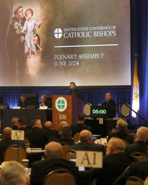 Bishop Daniel Flores of Brownsville, Texas, speaks June 13, 2024, at the U.S. Conference of Catholic Bishops' Spring Plenary Assembly in Louisville, Ky. (OSV News/Bob Roller)