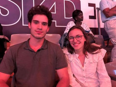 Elisabeth de Petiville and Benoit-Kolbe de Dieuleveult, students in Paris, attend a prayer vigil presided over by Pope Leo XIV in Saint-Denis, France, Sept. 25, 2026. (NCR photo/Justin McLellan)