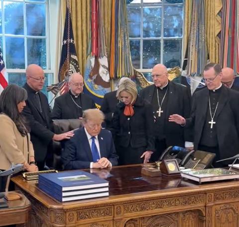 A group of U.S. bishops pray over President Donald Trump at the White House in Washington in a video posted on X Oct. 22, 2026, by the administration's communications staff. (OSV News screenshot/@MargoMartin47 on X)
