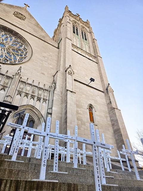 The traveling installation of the immigrant crosses is seen outside St. Sabina Church on the South Side of Chicago, Oct. 11, 2026. (Courtesy of Michael Pfleger)