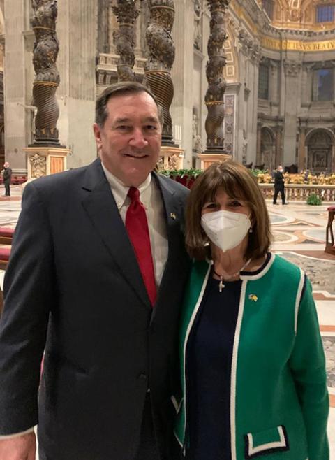 U.S. Ambassador to the Holy See Joseph Donnelly with his wife, Jill Donnelly, at St. Peter's Basilica in Rome (Courtesy of U.S. Embassy to the Holy See) U.S. Ambassador to the Holy See Joseph Donnelly with his wife, Jill Donnelly, at St. Peter's Basilica in Rome (Courtesy of U.S. Embassy to the Holy See)