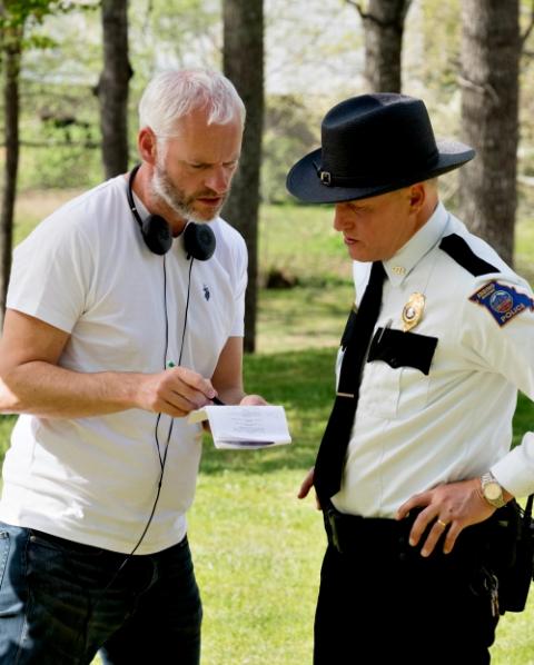 Writer-director Martin McDonagh talks to actor Woody Harrelson on the set of "Three Billboards Outside Ebbing, Missouri." (Fox Searchlight/Merrick Morton) Writer-director Martin McDonagh talks to actor Woody Harrelson on the set of "Three Billboards Outside Ebbing, Missouri." (Fox Searchlight/Merrick Morton)