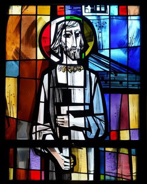 A depiction of St. Joseph holding a carpenter's square is seen in a stained-glass window in the chapel of St. Joseph's College in Patchogue, N.Y., in this 2020 photo. (CNS/Gregory A. Shemitz)