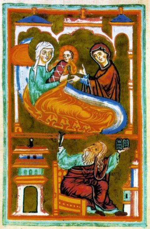 An icon depicts the birth of John the Baptist with his mother Elizabeth, father Zechariah, and Mary present. (CNS/KNA)
