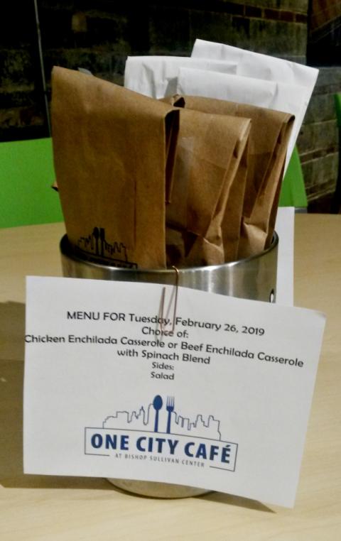 The Feb. 26 dinner menu at Bishop Sullivan Center's One City Café (NCR photo/Maria Benevento) The Feb. 26 dinner menu at Bishop Sullivan Center's One City Café (NCR photo/Maria Benevento)
