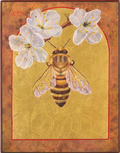 "Apis, the Honey Bee," Angela Manno, 2019, egg tempera and gold leaf on wood (Courtesy of the artist) "Apis, the Honey Bee," Angela Manno, 2019, egg tempera and gold leaf on wood (Courtesy of the artist)