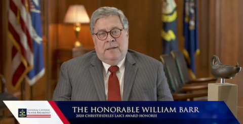 Attorney General William Barr addresses the National Catholic Prayer Breakfast, held virtually Sept. 23, where he received the "Christifideles Laici" award for service to the church. (NCR screenshot) Attorney General William Barr addresses the National Catholic Prayer Breakfast, held virtually Sept. 23, where he received the "Christifideles Laici" award for service to the church. (NCR screenshot)
