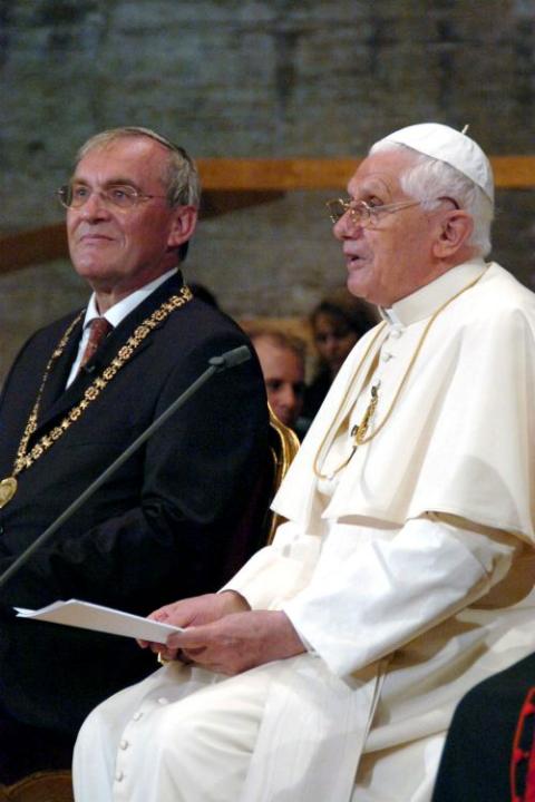 Pope Benedict XVI lectures on faith and reason at the University of Regensburg in Germany Sept. 12, 2006. A quotation from a Byzantine emperor that the pope used in this talk provoked outrage in the Muslim world, but the incident later led to increased dialogue with Muslims. (CNS/ L'Osservatore Romano/Catholic Press Photo)