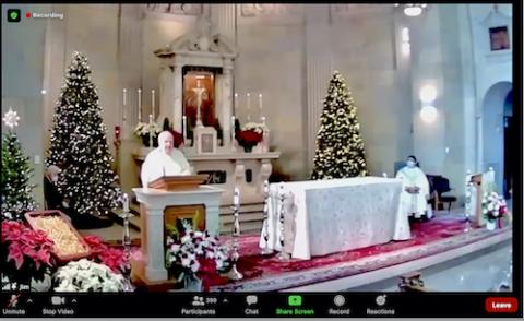 Jesuit Fr. Bill Russell preaches at the funeral for Jesuit Fr. Bill Barry at Campion Center in Weston, Massachusetts, Dec. 22. (NCR screenshot) Jesuit Fr. Bill Russell preaches at the funeral for Jesuit Fr. Bill Barry at Campion Center in Weston, Massachusetts, Dec. 22. (NCR screenshot)