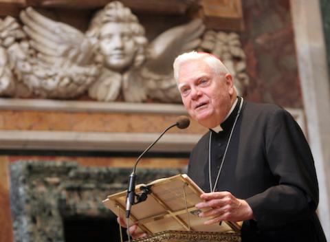 Cardinal Bernard Law is seen addressing a group of pilgrims at the Basilica of Santa Maria Maggiore in Rome, November 2007. (CNS/Long Island Catholic/Gregory A. Shemitz)