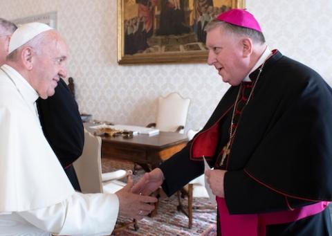 Pope Francis greets Bishop Mitchell Rozanski during a meeting with U.S. bishops from the New England States at the Vatican Nov. 7, 2019. (CNS/Vatican Media)
