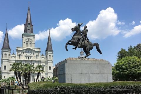 The Cathedral-Basilica of St. Louis King of France and a statue of Andrew Jackson in New Orleans June 3, 2019 (CNS/Gregory A. Shemitz)