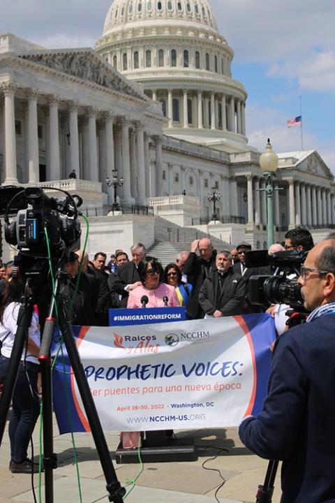 Emilce Cuda speaking April 27 on Capitol Hill as part of the advocacy day for the National Catholic Council for Hispanic Ministry 'Raices y Alas' gathering (Courtesy of Emilce Cuda)