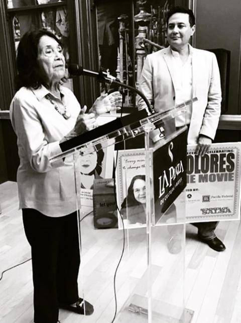 David Damian Figueroa David Damian Figueroa watches as Dolores Huerta addresses the crowd at the pre-reception for the premiere of the documentary "Dolores." (Courtesy of David Damian Figueroa)