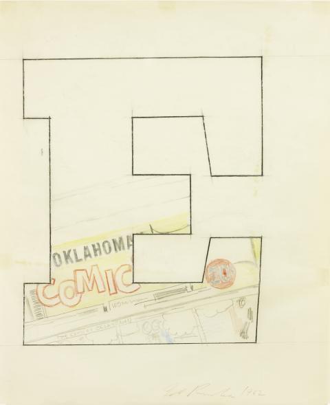 "Oklahoma E" by Ed Ruscha, pencil, colored pencil, charcoal on tracing paper, 1962, 17” x 14" (UBS Art Collection/Courtesy of the artist and Gagosian)