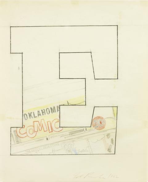 "Oklahoma E" by Ed Ruscha, pencil, colored pencil, charcoal on tracing paper, 1962, 17” x 14" (UBS Art Collection/Courtesy of the artist and Gagosian) "Oklahoma E" by Ed Ruscha, pencil, colored pencil, charcoal on tracing paper, 1962, 17” x 14" (UBS Art Collection/Courtesy of the artist and Gagosian)