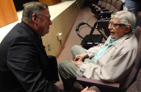 Fr. Ed Ruetz, a retired priest of the Diocese of Fort Wayne-South Bend, Indiana, speaks with Cardinal Joseph Tobin prior to an address by Tobin at the University of Notre Dame in 2018. (Don Clemmer) Fr. Ed Ruetz, a retired priest of the Diocese of Fort Wayne-South Bend, Indiana, speaks with Cardinal Joseph Tobin prior to an address by Tobin at the University of Notre Dame in 2018. (Don Clemmer)